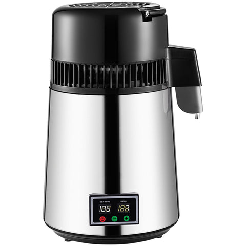 1.1 Gal Water Distiller, 0.3 Gal/H, 750W Distilled Water Maker Machine 0-99H Timing Set Temp Display, 304 Stainless Steel Countertop Distiller Glass Carafe Cleaning Powder 3 Carbon Packs, Silver