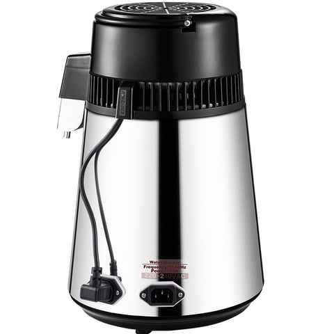 1.1 Gal Water Distiller, 0.3 Gal/H, 750W Distilled Water Maker Machine 0-99H Timing Set Temp Display, 304 Stainless Steel Countertop Distiller Glass Carafe Cleaning Powder 3 Carbon Packs, Silver