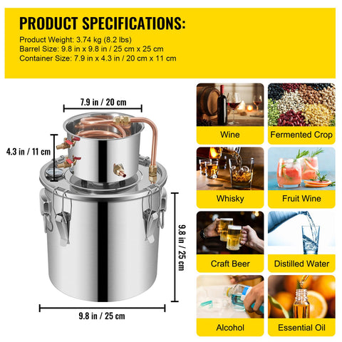 Moonshine Still 3 Gal 12L Stainless Steel Water Alcohol Distiller Copper Tube Home Brewing Kit Build-in Thermometer for DIY Whisky Wine Brandy, 3Gal, Sliver
