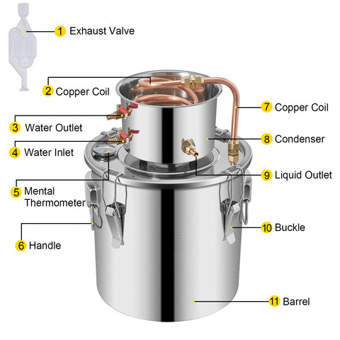 Moonshine Still 3 Gal 12L Stainless Steel Water Alcohol Distiller Copper Tube Home Brewing Kit Build-in Thermometer for DIY Whisky Wine Brandy, 3Gal, Sliver
