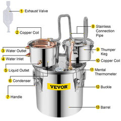VEVOR Moonshine Still 5 Gal 21L Stainless Steel Water Alcohol Distiller Copper Tube Home Brewing Kit Build-in Thermometer for DIY Whisky Wine Brandy, 5GAL, 3 pots