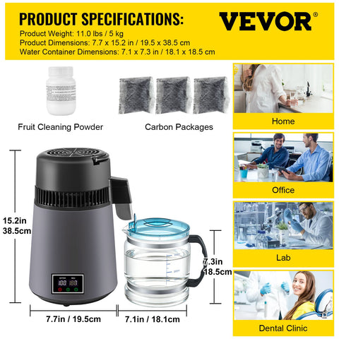 Home Water Distiller Distilled Water Maker 4 L with Dual Temp Display Grey