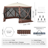 Pop Up Gazebo Tent, Pop-Up Screen Tent 6 Sided Canopy Sun Shelter with 6 Removable Privacy Wind Cloths & Mesh Windows, 11.5x11.5FT Quick Set Screen Tent with Mosquito Netting, Brown