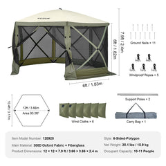 VEVOR Pop Up Gazebo Tent, Pop-Up Screen Tent 6 Sided Canopy Sun Shelter with 6 Removable Privacy Wind Cloths & Mesh Windows, 12x12FT Quick Set Screen Tent with Mosquito Netting, Army Green