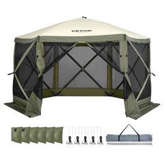VEVOR Pop Up Gazebo Tent, Pop-Up Screen Tent 6 Sided Canopy Sun Shelter with 6 Removable Privacy Wind Cloths & Mesh Windows, 12x12FT Quick Set Screen Tent with Mosquito Netting, Army Green