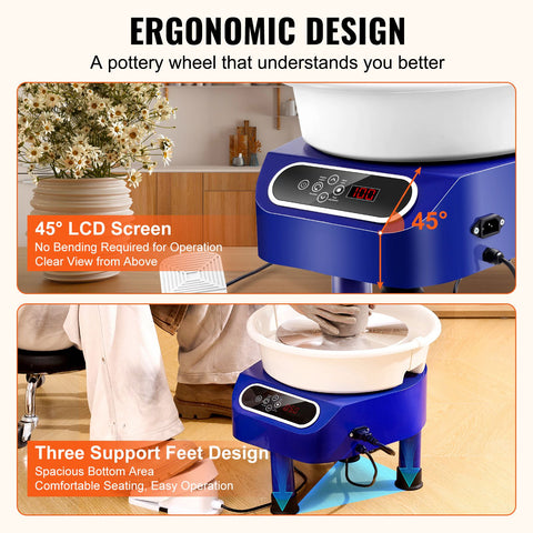Pottery Wheel, 11 inch Pottery Forming Machine, 450W Electric Wheel for Pottery with Foot Pedal and LCD Touch Screen, Direct Drive Ceramic Wheel with 3 Support Legs for DIY Art Craft, Blue