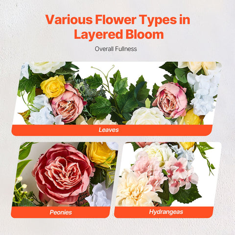 Artificial Decorative Wreath 60.96 cm White Pink Yellow Peonies Hydrangeas