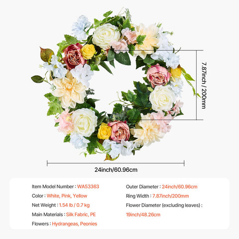 Artificial Decorative Wreath 60.96 cm White Pink Yellow Peonies Hydrangeas