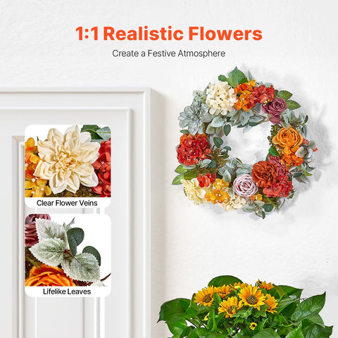 Artificial Decorative Wreath 60.96 cm Red Orange Yellow Hydrangeas Roses