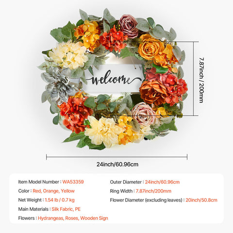 Artificial Decorative Wreath 60.96 cm Red Orange Yellow Hydrangeas Roses