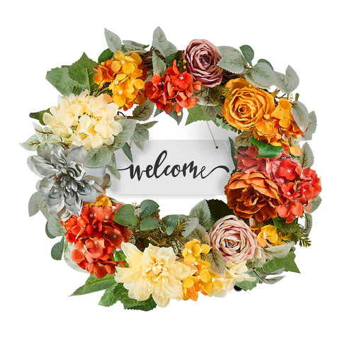 Artificial Decorative Wreath 60.96 cm Red Orange Yellow Hydrangeas Roses
