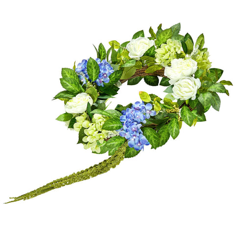 Artificial Decorative Wreath 58.42 cm Blue White Green Hydrangeas Roses