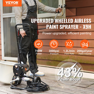Stand Airless Paint Sprayer, 750W 3000PSI High Efficiency Electric Airless Sprayer With Cart, Fine And Even Painting Effect, Paint Sprayers for Home Interior and Exterior Furniture and Fences