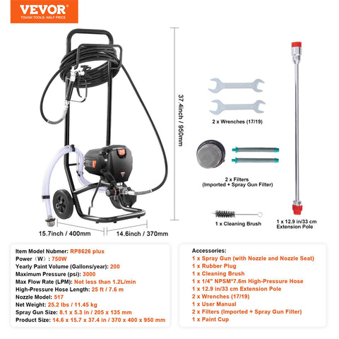 Stand Airless Paint Sprayer, 750W 3000PSI High Efficiency Electric Airless Sprayer With Cart, Fine And Even Painting Effect, Paint Sprayers for Home Interior and Exterior Furniture and Fences