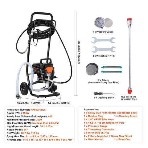 Stand Airless Paint Sprayer, 950W 3000PSI High Efficiency Electric Airless Sprayer With Cart, Fine And Even Painting Effect, Paint Sprayers for Home Interior and Exterior Furniture and Fences
