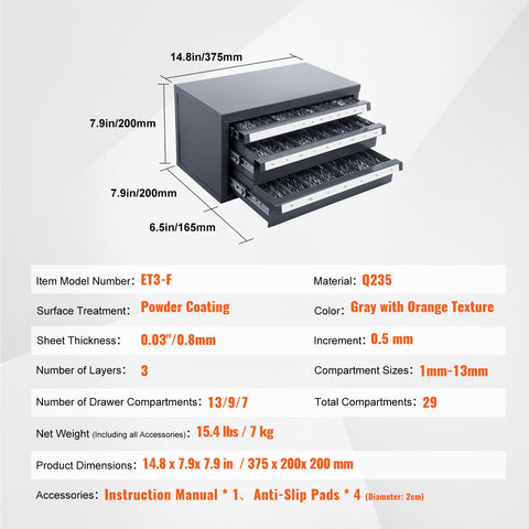 Drill Bit Dispenser Cabinet, Three-Drawer Drill Bit Organizer Cabinet for 1mm to 13mm, Steel Drill Dispenser Organizer Cabinet with Labels, Stackable Drill Dispenser for Drill Bit Storage