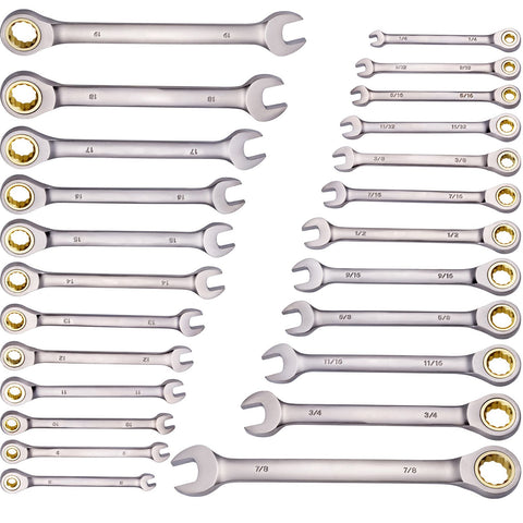 Combination Wrench Set 24 PCS SAE 1/4" - 7/8" Metric 8-19mm Organizer Rack