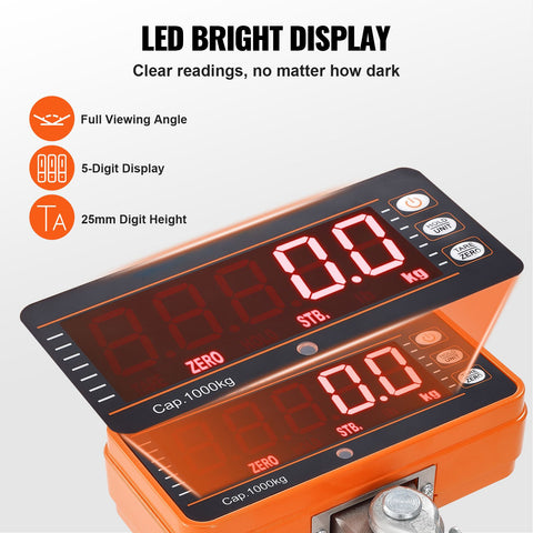 Digital Crane Scale, 2200 lbs/1000 kg, Industrial Heavy Duty Hanging Scale with Remote Control, Cast Aluminum Case & LED Screen, High Precision for Construction, Factory, Farm, Hunting (Orange)