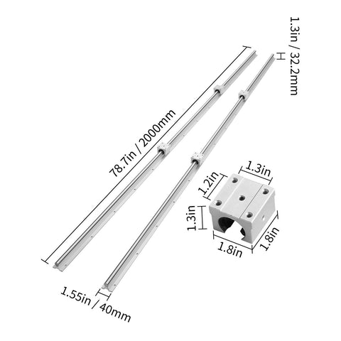 Linear Guide Rail Set, SBR16 2000mm, 2 PCS 78.7 in/2000 mm SBR16 Guide Rails and 4 PCS SBR16UU Slide Blocks, Linear Rails and Bearings Kit for Automated Machines DIY Project CNC Router Machines