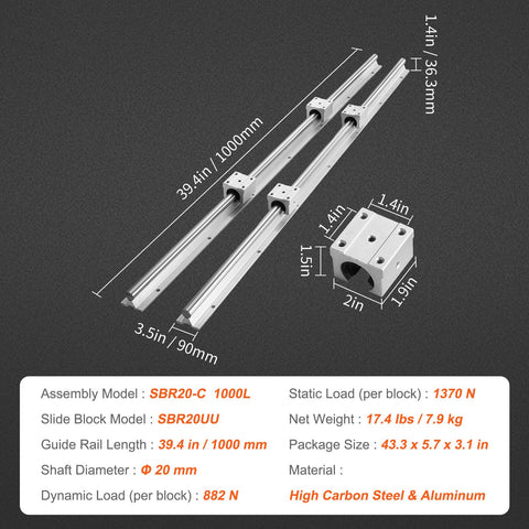 Linear Guide Rail Set, SBR20 1000mm, 2 PCS 39.4 in/1000 mm SBR20 Guide Rails and 4 PCS SBR20UU Slide Blocks, Linear Rails and Bearings Kit for Automated Machines DIY Project CNC Router Machines