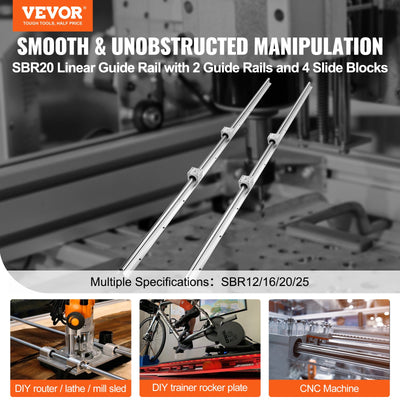 Linear Guide Rail Set, SBR20 1500mm, 2 PCS 59 in/1500 mm SBR20 Guide Rails and 4 PCS SBR20UU Slide Blocks, Linear Rails and Bearings Kit for Automated Machines DIY Project CNC Router Machines