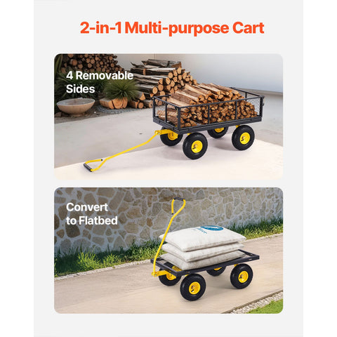 900 Lbs Heavy Duty Steel Garden Cart, Garden Wagon Cart on Wheels, Outdoor Metal Yard Utility Wagon Carts with 10" Tires and Mesh Removable Sides(Convert to Flatbed) and 180°Rotating Handle