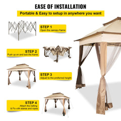 VEVOR Outdoor Canopy Gazebo Tent, Portable Canopy Shelter with 11\'x11\' Large Shade Space for Party, Backyard, Patio Lawn and Garden, 4 Sandbags, Carrying Bag and Netting Included, Brown
