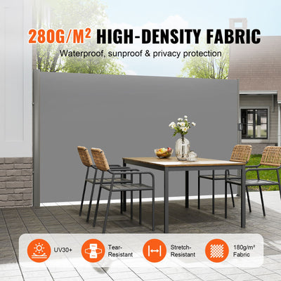Retractable Side Awning, 160X300m Aluminum Outdoor Privacy Screen, 280g Polyester Water-proof Retractable Patio Screen, UV 30+ Room Divider Wind Screen for Patio, Backyard, Balcony, Gray