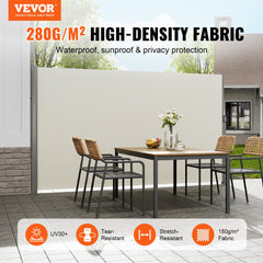 VEVOR Retractable Side Awning,160X300cm Aluminum Outdoor Privacy Screen, 280g Polyester Water-proof Retractable Patio Screen, UV 30+ Room Divider Wind Screen for Patio, Backyard, Balcony, Beige