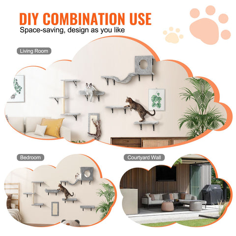 Wall Mounted Cat Shelves, Cat Wall Shelves and Perches with Jumping Boards, Hammock, Sofa, Cat Tree & Cat Grip, Cat Furniture and Shelves up to 40 lbs for Sleeping, Playing, Climbing, Set of 6