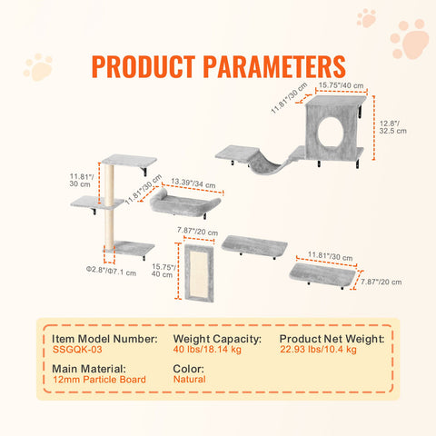 Wall Mounted Cat Shelves, Cat Wall Shelves and Perches with Jumping Boards, Hammock, Sofa, Cat Tree & Cat Grip, Cat Furniture and Shelves up to 40 lbs for Sleeping, Playing, Climbing, Set of 6