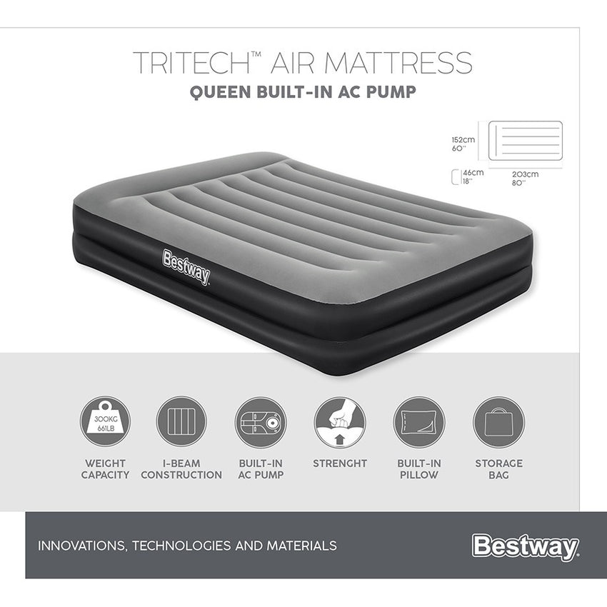 Bestway 2.03m x 1.52m x 46cm Tritech Air Mattress Queen Built-in AC pump