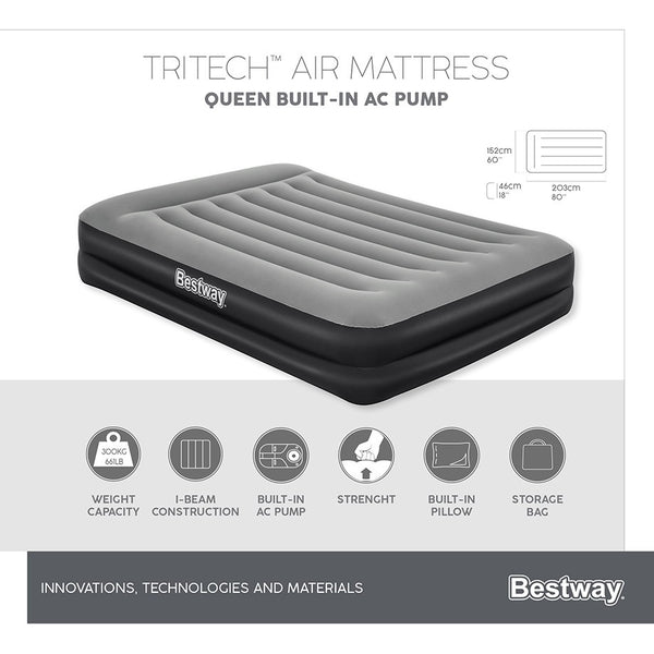 Bestway 2.03m x 1.52m x 46cm Tritech Air Mattress Queen Built-in AC pump