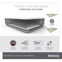 Bestway 2.03m x 1.52m x 46cm Tritech Air Mattress Queen Built-in AC pump