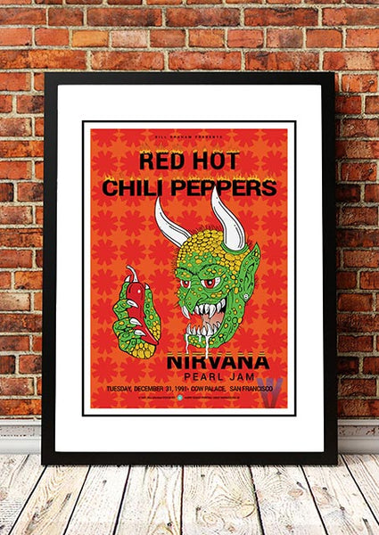 Red Hot Chili Peppers / Nirvana / Pearl Jam ‘Cow Palace’ USA Concert Poster 1991 - Framed A5