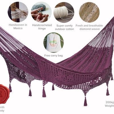 Outdoor undercover cotton Mayan Legacy hammock with hand crocheted tassels King Size Maroon
