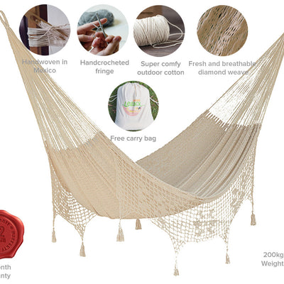 Outdoor undercover cotton Mayan Legacy hammock with hand crocheted tassels Queen Size Marble Colour