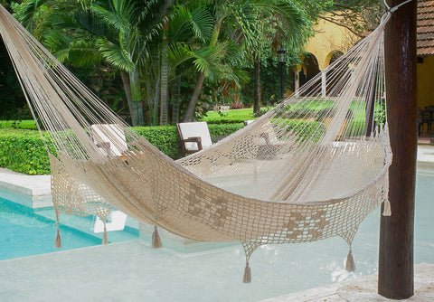 Outdoor undercover cotton Mayan Legacy hammock with hand crocheted tassels Queen Size Marble Colour