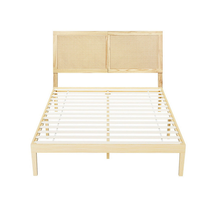 Artiss Bed Frame Double Size with Rattan Headboard Wooden Bed Base BRUNO