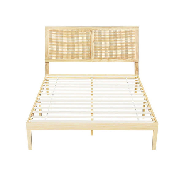 Artiss Bed Frame Double Size with Rattan Headboard Wooden Bed Base BRUNO