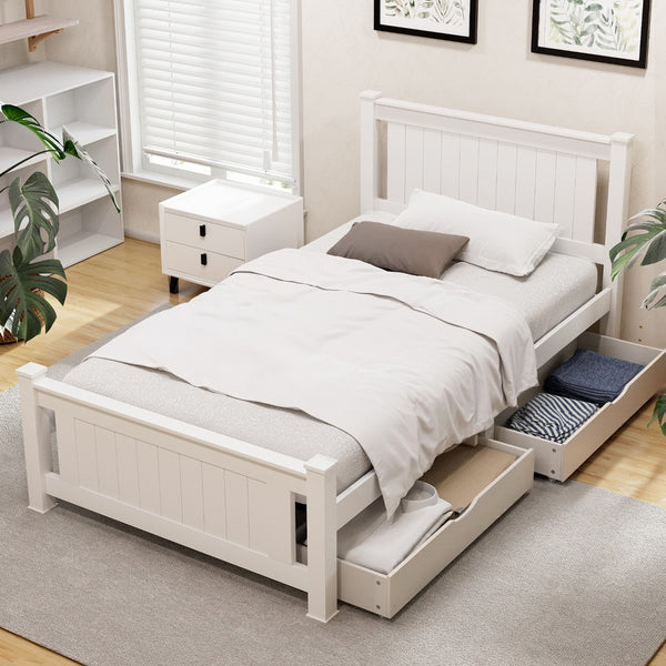 Artiss Bed Frame King Single Size Wooden Platform with 2 Storage Drawers White RIO