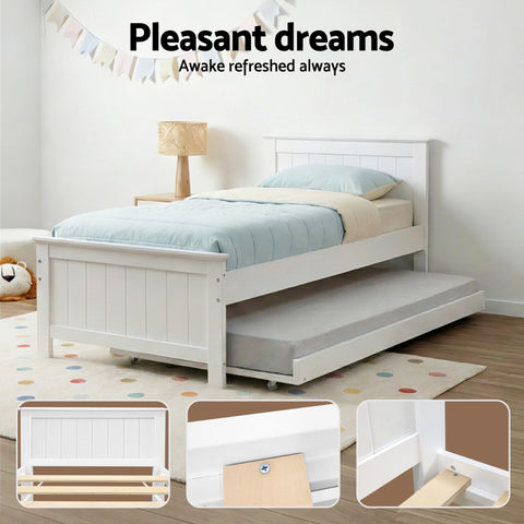 Artiss Bed Frame King Single Size Wooden Trundle Daybed White ELVIS