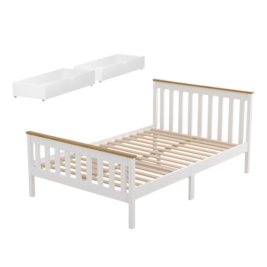 Artiss Bed Frame Double Size Wooden Platform with 2 Storage Drawers White PONY