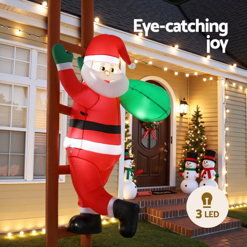 Jingle Jollys Christmas Inflatable Santa Climbing Ladder 2.45M Height LED Decorations Illuminated