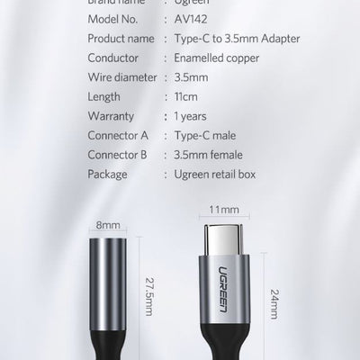 UGreen Type C to 3.5mm Female cable 10CM 30632